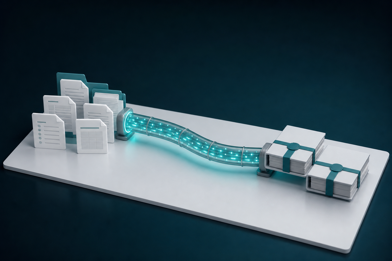 A glass conduit carrying glowing data particles from source documents to two delivered file packets, illustrating the nightly pipeline.